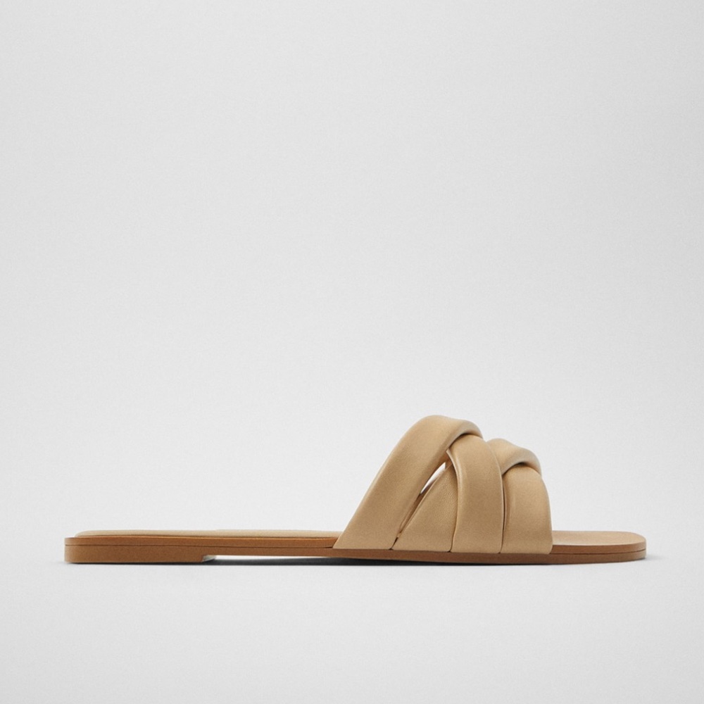 ZARA Leather Slides Sandal With Quilted Straps